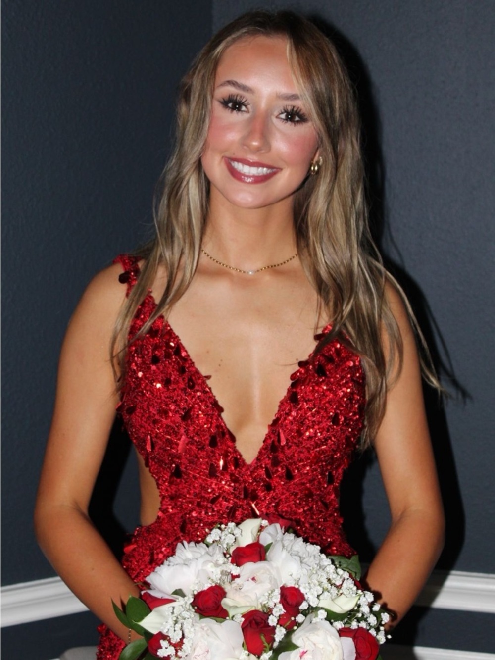 Sherri Hill Red Sequined V-Neck Prom Dress - Picture 11 of 12
